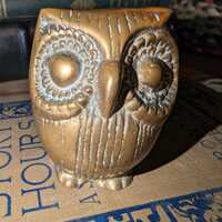 Vintage brass decorative owl figurine, small,ornate, patina, made in Korea, shelf sitter, library, o