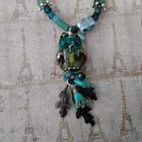 Handcrafted Lampworked Owl Pendant with Blue Green Quartz Apatite and Czech Glass Turquoise Chain wi