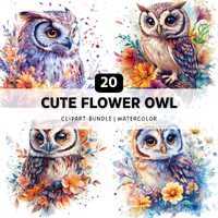 20 Cute Flower Owl PNG, Owl Clipart, Animal Clipart, Watercolor Clipart, Animal PNG Bundle, Sublimat