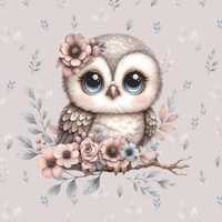 Dreamy Owl Fabric Panel - Floral Garden Woodland Bird Botanical Wildlife - 16" x 20" (40 x