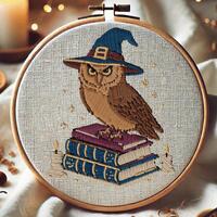 Wizard Owl on Spell Books Hand Embroidery Pattern Magical Owl Embroidery Fantasy Witchy Halloween St