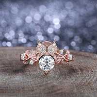 Round Moissanite Engagement Ring Unique Owl Branch Design Rose Gold Moissanite Cluster Ring Bridal P