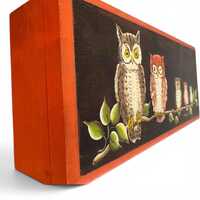Hand Painted Owl Wood Keepsake Box, Vintage Folk Art Trinket Box, Whimsical Owl Family Decor, Orange