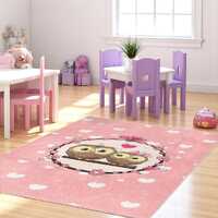 Adorable Pink Owl Kids Rug - Cute Birds and Flowers - Washable Non Slip Play Mat - Soft Nursery and 