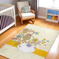 Cream Owl Rug with Flowers - Yellow Ivory Kids Room Carpet - Washable Non-Slip Play Mat - Soft Nurse