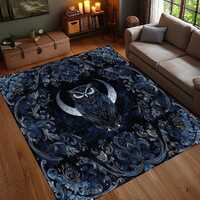 Gothic Owl Crescent Moon Rug, Mystical Blue Ethnic Rug, Dark Fantasy Art Rug, Washable Rug, Non Slip
