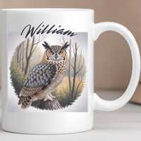 Personalized Owl Mug, Custom Name Coffee Cup, Horned Owl Gift