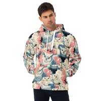 Grunge Owl Print Hoodie: Artistic Sketch, Pink & Blue Texture