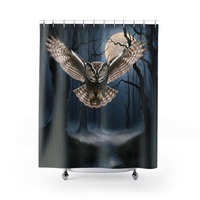 Owl Forest Shower Curtain, Dramatic Bird Bathroom Decor, Mysterious Owl Curtain, Flying Owl Art Prin