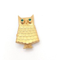 Vintage Avon Owl Perfume Brooch Green Gold Eyes Lapel Pin Costume Jewelry Solid 1970s 1960s Retro An