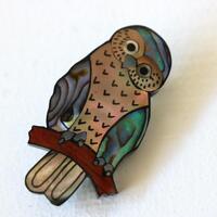 Vintage Owl Brooch Lee Sands Style Resin Abalone inlay hoot pin, Iridescent purple blue shell Mother