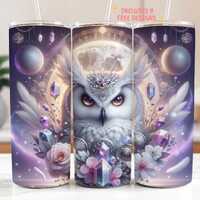 Fantasy White Owl 20oz Tumbler Wrap, Magical Creature Skinny Tumbler Sublimation Design, Sparkly Mys