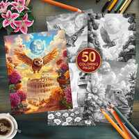 50 Baby Owl Landscape Coloring Pages | Floral Grayscale Printable Art Therapy | Stress Relief Patter
