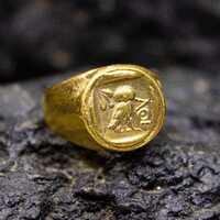 Ancient Owl Signet Coin Ring | Athenas Coin Ring | 925 Sterling Silver Ring 24K Gold Plated | Priene