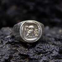 Ancient Greek Owl Gold Signet CoinRing | Athenas Coin Ring | 925 Sterling Silver Jewelry | Greek Owl
