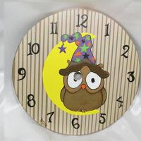 Handpainted Woodland Owl Wall Clock Face - Nursery Decor - 5.5" Wooden Moon and Stars Night Owl