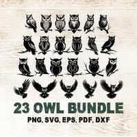 Owl Bundle SVG PNG DXF, Flying Hunting Bird of Prey, Forest Wildlife Clipart Silhouettes, Branch Per