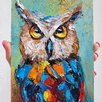 Owl Painting Wildlife Artwork Original Impasto Oil Painting Animal Painting Owl Portrait Palette Kni
