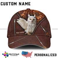 Custom Name Owl Hat with Name – White Owl Vintage Leather Print Cap, Rustic Floral Zip Hat, Pe