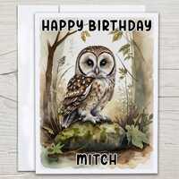 Personalized Owl Birthday Card, Watercolor Owl Card, Wise Owl Illustration, Bird Birthday Card, Gran