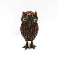 Vintage Bejeweled Brass Owl Figurine, Hand Applied Red, Coral, (Faux)Turquois & White Glass or B