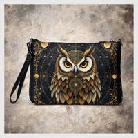 Mystical Owl Purse Majestic Bird Handbag Clutch Pocketbook Faux Leather Purses Golden Ornate Detail 