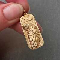 Large Gold Owl and Moon Necklace Pendant, Good Luck Wise Bird Charm