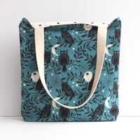 Tote Bag with Owls and Moons - Small and Lightweight, Handmade Gift for Nature Lover