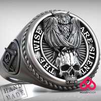 Owl Skull Masonic Ring: Gothic Freemason Symbol Signet