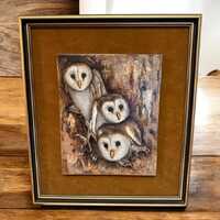 Vintage Original Acrylic barn owl Painting wall art “Three Owls” signed by artist & 
