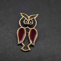 Owl Bird Brooch Burgundy Red Enamel Wings Gold Tone Fall Tone Autumn