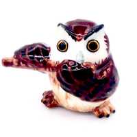 Miniature Ceramic Owl Bird Funny Animal Musician Play Flute Little Brown Figurine Tiny Statue Small 