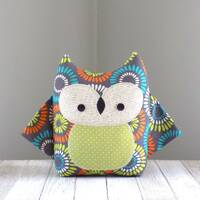 Owl Stuffed Animal In Grey Sunburst, Handmade Woodland Pillow, Kawaii Plushie