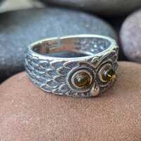 Baltic Amber and Sterling Silver Owl Adjustable Ring