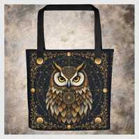 Mystical Owl Tote Bag Winged Design Handbag Majestic Bird Roomy Purse with Handles Black Brown Pocke
