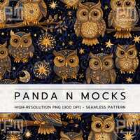 Gold Owl Seamless Pattern – Night Sky Forest Fabric, Celestial Owl Clipart, Mystical Stars and