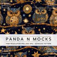 Gold Owl Seamless Pattern – Night Sky Forest Fabric, Celestial Owl Clipart, Mystical Stars and