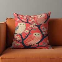 Whimsical Owl Cushion Cover, Illustrated Birds on Tree Branch Throw Pillow Cover,  Woodland Decor, A