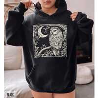 Snowy Owl Hoodie, Womens Witchy Winter Hooded Pullover, Owl & Moon Nature Magic, Bird Linocut St