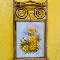 Vintage Rattan Owl Frame with Floral Painting