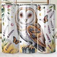 Floral Owl Digital Tumbler Wrap, Butterfly PNG, Bird Design, Watercolor Flowers, Printable Tumbler D