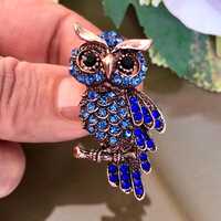 Vintage Style Owl Brooch: Blue Rhinestone Crystal Bird Jewelry