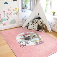 Pink Owl Nursery Rug - Cute Camera Owl Design - Non Toxic Soft Carpet for Toddler - Washable Baby Gi