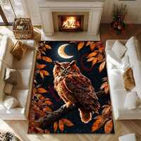 Autumn Owl Rug With Crescent Moon, Fall Leaves Bird Carpet For Living Room Decor, Nature Themed Acce