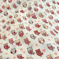 Tissu Coton Imprim&eacute; Hibou Chouette Rose Bleu Fond Blanc Oeko Tex