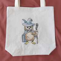 Embroidered Owl Wizard Canvas Tote Bag: Reader Gift