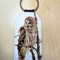 Wild bird barred owl faux leather keychain