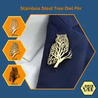 Tree of Life Owl Brooch – Stainless Steel Lapel Pin in Silver, Gold, Black – Nature Insp