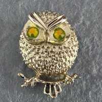 Vintage Sarah Coventry Owl Brooch with Uranium Rhinestone Eyes, Signed Sarah Cov Light Gold Tone Ani