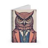 Formal Owl, Spiral Notebook - Ruled Line, illustrated retro owl in a jacket and tie, journal, diary,